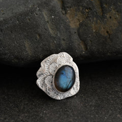 Silver Floral Ring with Labradorite