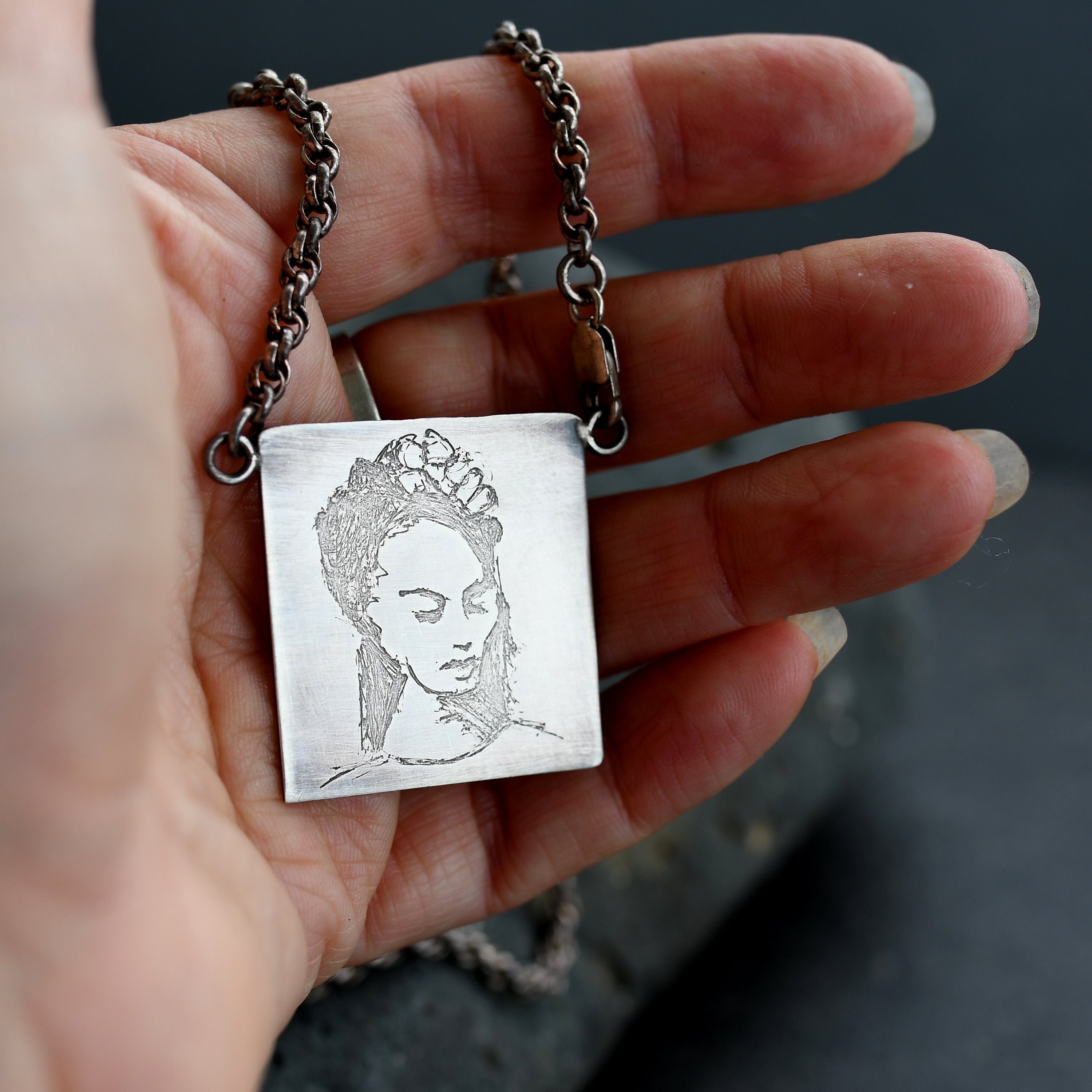 Frida Kahlo silver art necklace portrait