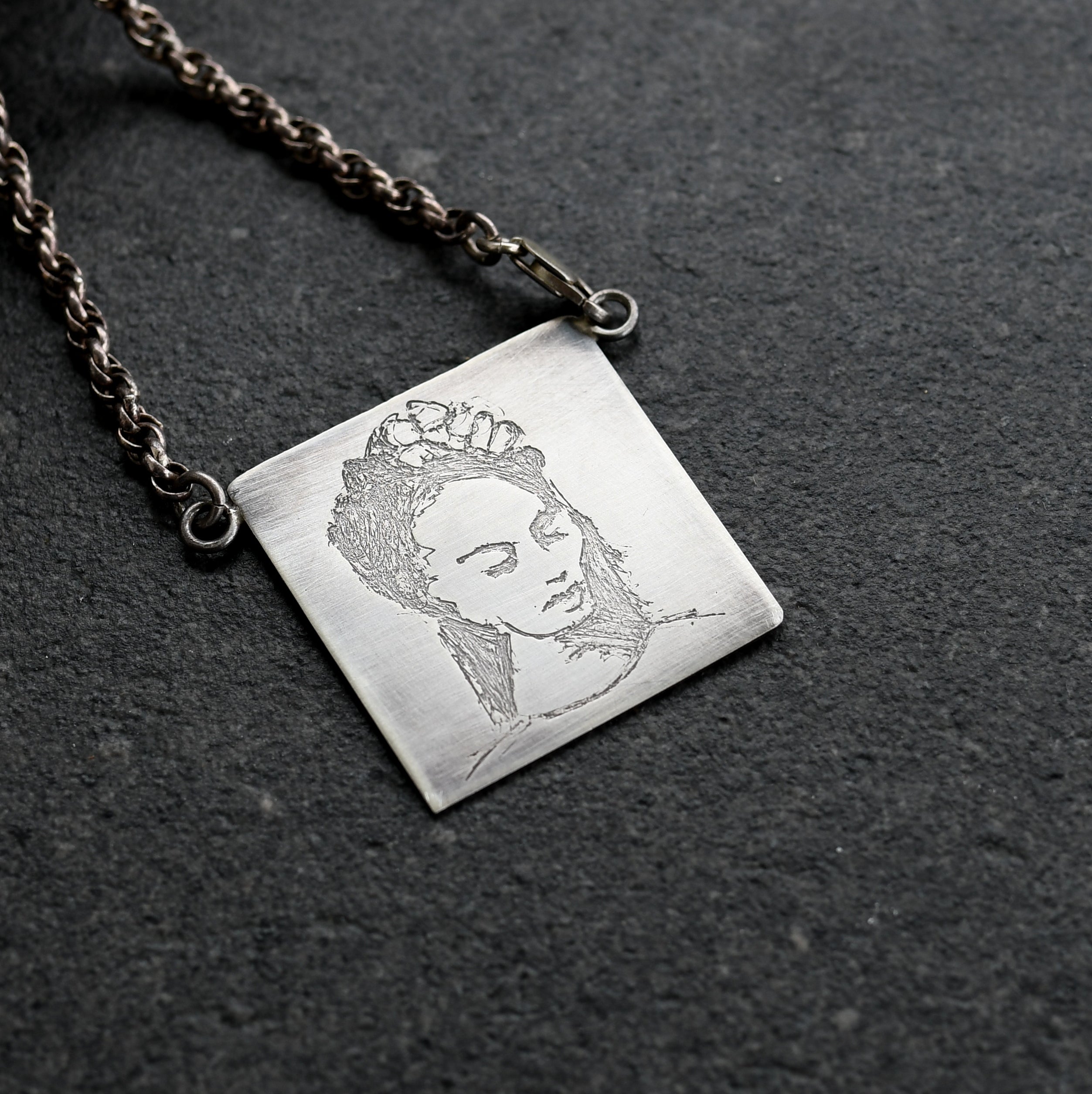 Frida Kahlo silver art necklace portrait