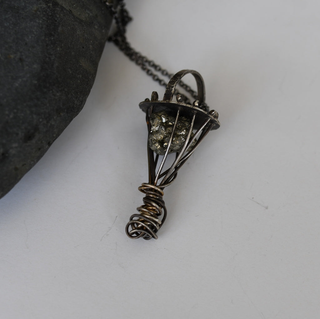 Cage of Gold Silver and Pyrite Sculptural Necklace