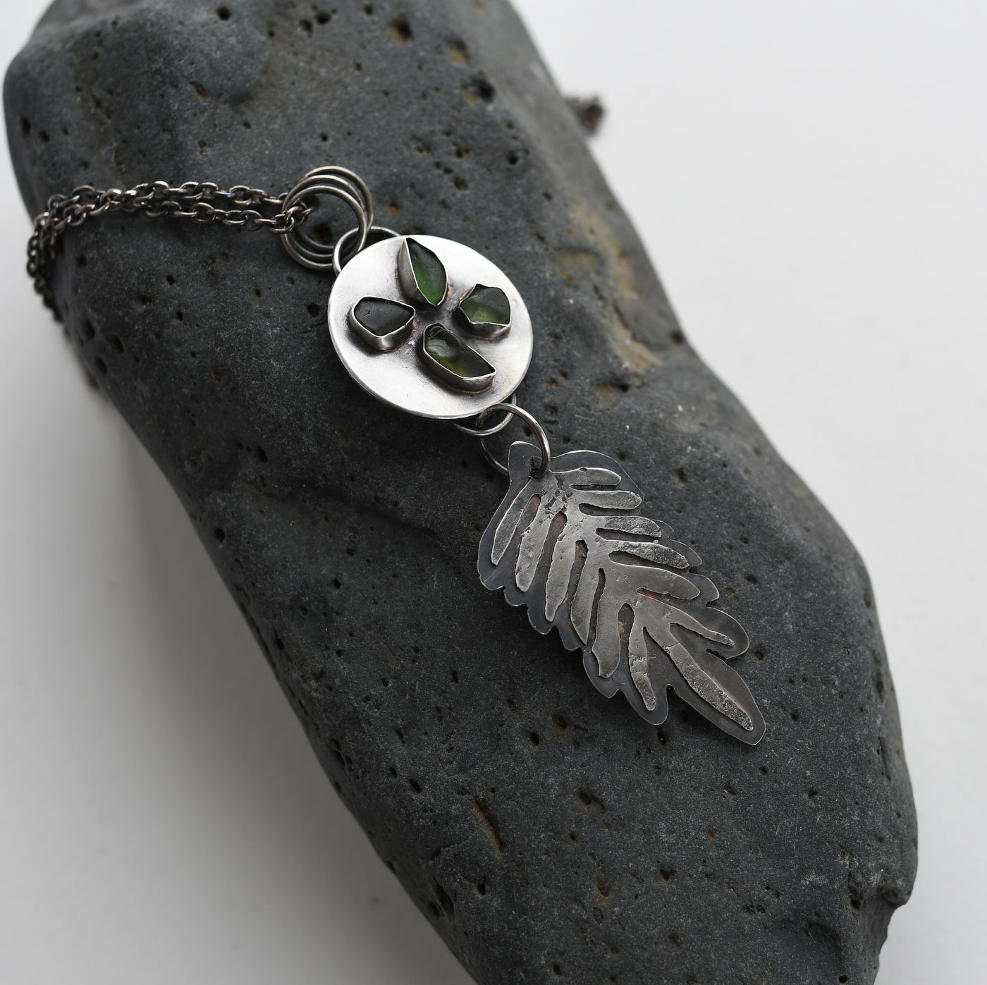 Fern silver talisman pendant green glass and recycled silver