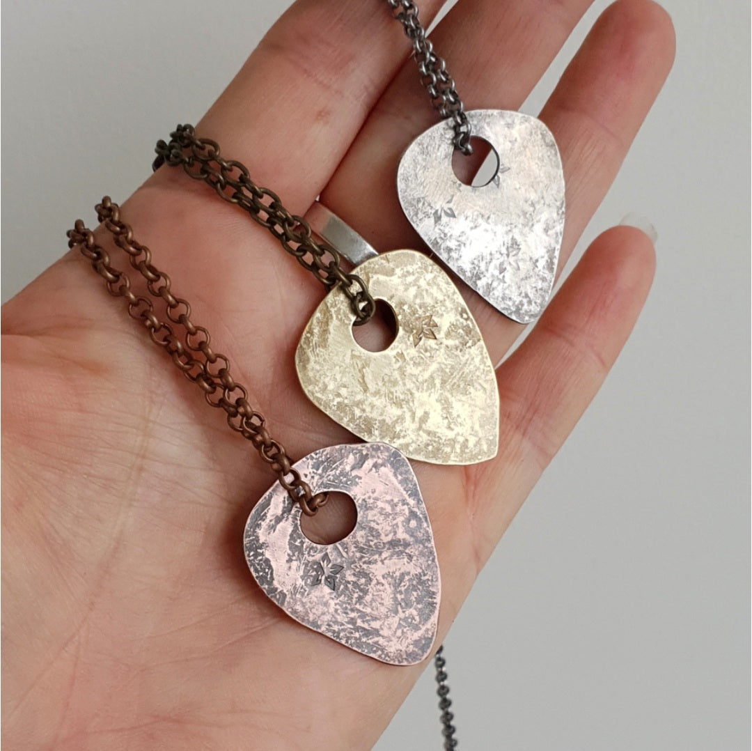 Guitar Pick Necklace in Silver Brass and Copper