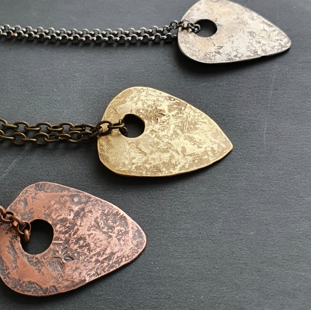 Guitar Pick Necklace in Silver Brass and Copper